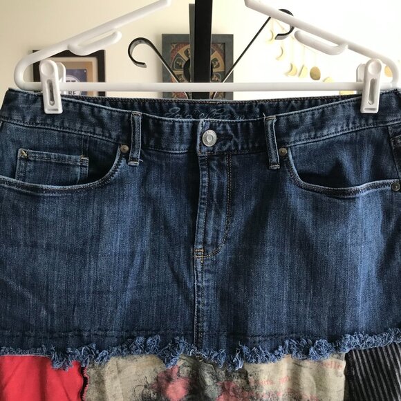EDDIE BAUER size 12 Blue Stretch Denim OOAK Artisan Pieced Jersey Upcycled Skirt - Picture 2 of 6